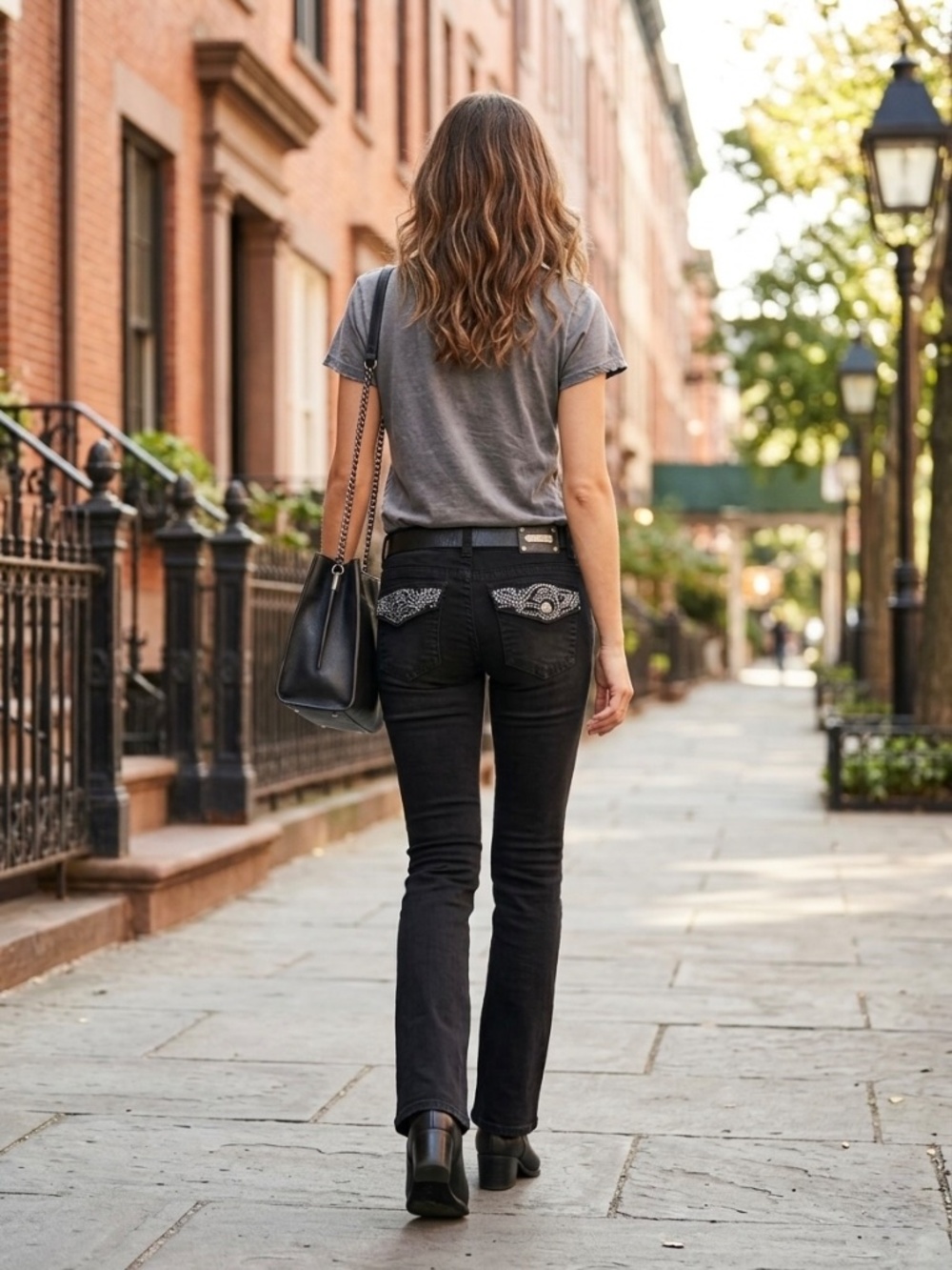 Tru Luxe Jeans Black Rhinestone Flap Pocket Bootcut Flare Embellished Denim 27/4